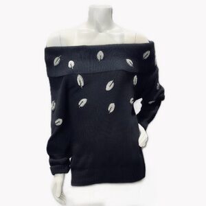 🎄🥂 E.M.T. Silk Angora Off-Shoulder Black Sweater w/ Beaded‎ Leaves | Sz M